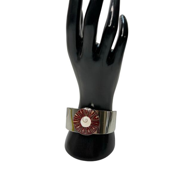 Stainless Steel Cuff Bracelet with Round Red and White Shell Inlay Artsy Boho - Picture 2 of 5